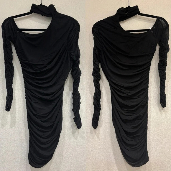NWOT Lulus Exclusively Alluring‎ Black Mesh Ruched Cutout Mini Dress - Picture 5 of 9